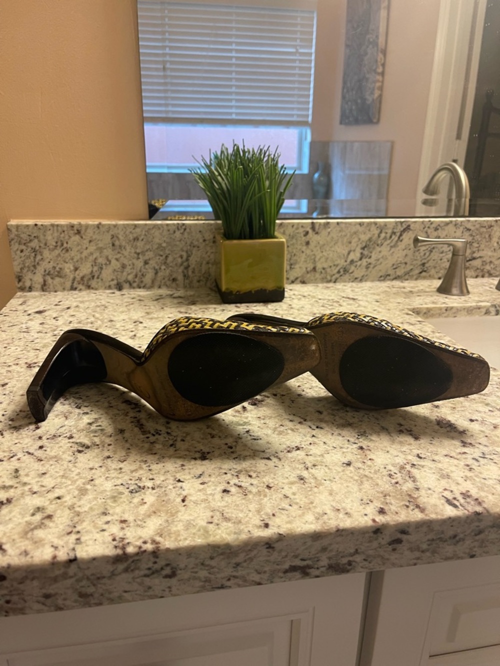 Donald Pliner Woven Yellow and Brown Slingback Heels - Picture 5 of 6